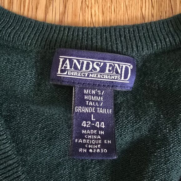 Lands End Cashmere Sweater Mens L Tall Green V Neck Pullover Minimalist Luxury - Picture 2 of 8